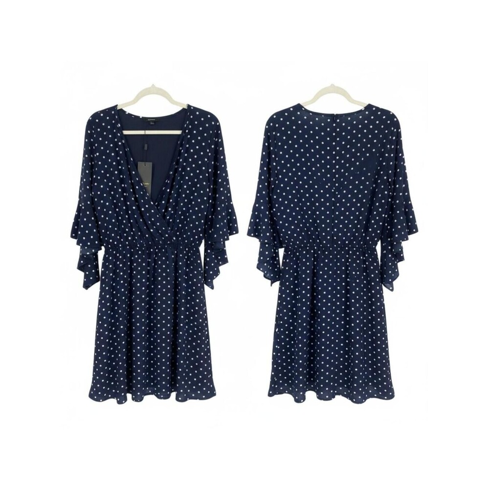 Espresso Los Angeles Navy White Polka Dot Ruffle Sleeve Wrap Dress Women's M